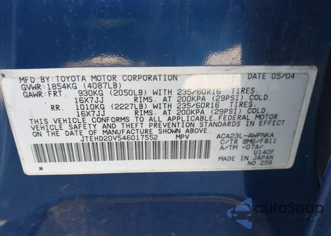 2004 Toyota Rav4 from USA, damaged, VIN JTEHD20V546017552